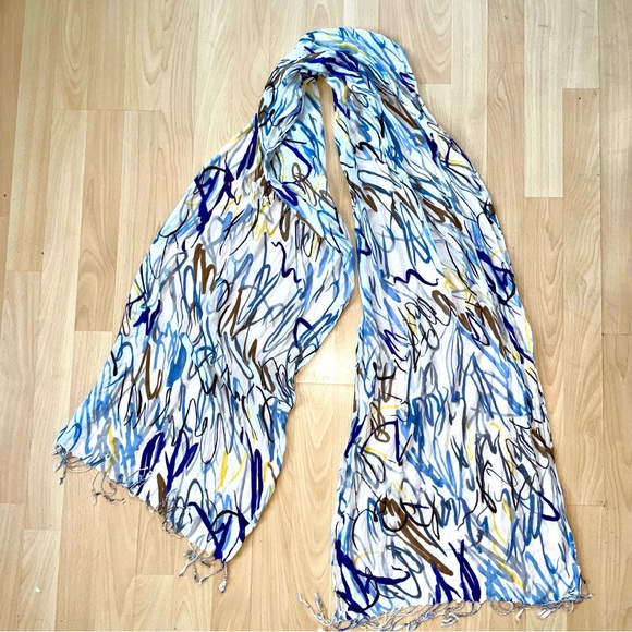 Brown Blue and White Abstract Pattern Print Thin Knit Scarf Shawl with Fringe - Picture 6 of 11